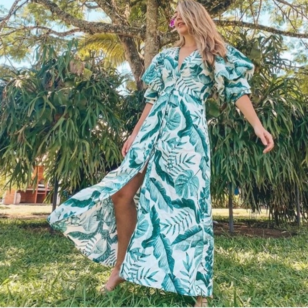 H&M x Johanna Ortiz Green White Linen Leaf Dress - Picture 3 of 9